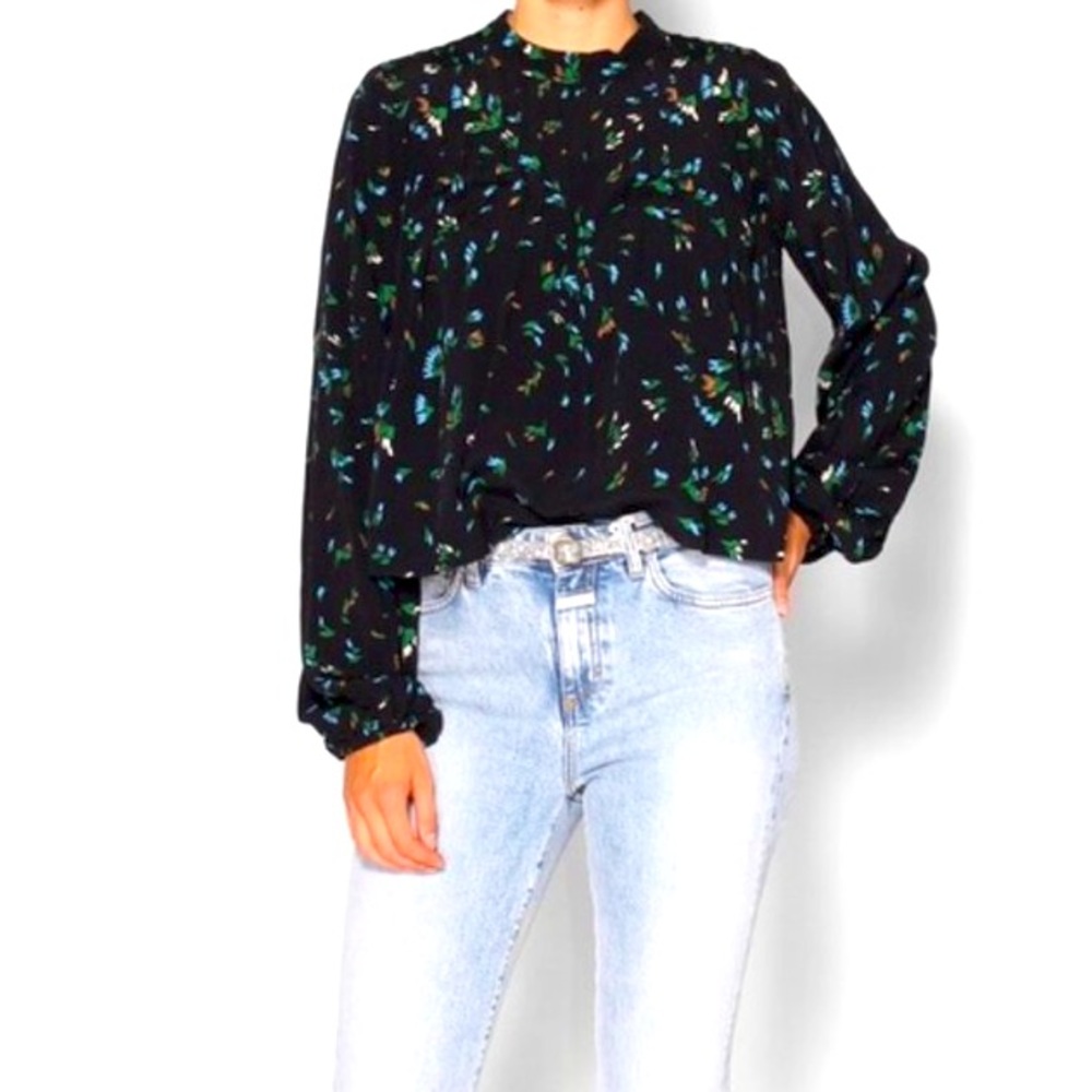 GANNI Floral-Print Pleated Crepe Top